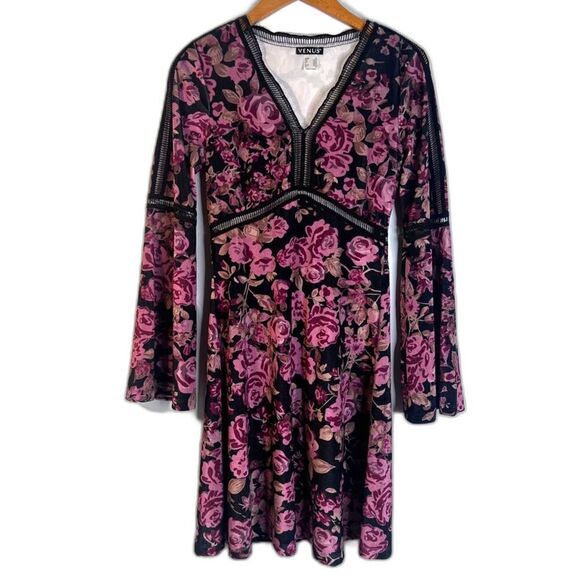 Venus Floral Velvet Vneck Cut Out Ladder Trim Fit & Flare Bell Sleeve Dress XS - Picture 1 of 10